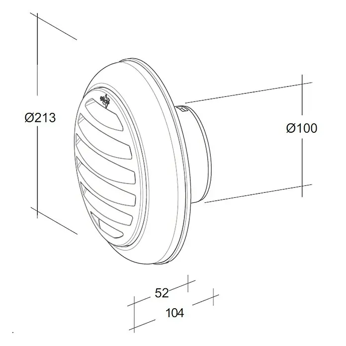 OptimAIRo Außengitter C-100 S - Durchmesser Anschlussstutzen: 100 mm, Magnetische Rückstauklappe, Anthrazit/Bronze - Produktansicht einer runden Wandhaube mit einem Durchmesser von 213 mm und einem Rohrdurchmesser von 100 mm, Tiefe 52 mm und Gesamttiefe 104 mm.