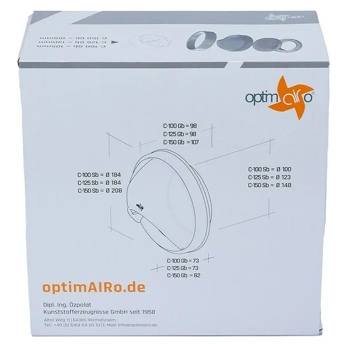 OptimAIRo Ablufthaube C-125 Gb - Durchmesser Anschlussstutzen: 125 mm, Abnehmbares Fliegennetz, Anthrazit/Bronze - Nahaufnahme der Produktverpackung von optimAIRo mit technischen Zeichnungen und Produktinformationen.