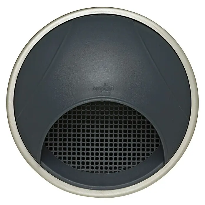 OptimAIRo Ablufthaube C-125 Gb - Durchmesser Anschlussstutzen: 125 mm, Abnehmbares Fliegennetz, Anthrazit/Bronze - Ansicht von oben eines runden, silbernen Optrel IsoFit Luftverteilers mit schwarzem Mittelteil und Gitter.