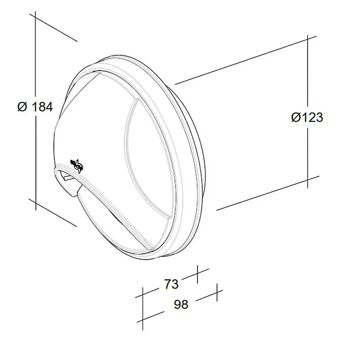 OptimAIRo Ablufthaube C-125 Gb - Durchmesser Anschlussstutzen: 125 mm, Abnehmbares Fliegennetz, Anthrazit/Bronze - Eine detaillierte technische Zeichnung einer runden Wandleuchte mit Maßangaben für Durchmesser und Tiefe.