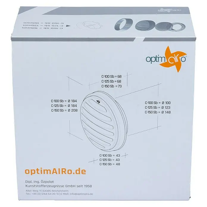 OptimAIRo Außengitter C-150 Sb - Durchmesser Anschlussstutzen: 150 mm, Abnehmbares Fliegennetz, Anthrazit/Bronze - Abbildung der Verpackung eines Optima Air Belüftungssystems mit technischen Zeichnungen und Spezifikationen.