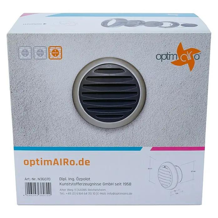 OptimAIRo Außengitter C-150 S - Durchmesser Anschlussstutzen: 150 mm, Magnetische Rückstauklappe, Anthrazit/Bronze - Verpackung für OptimAirO Wandlüfter mit Produktdetails und Abmessungen für eine einfache Installation und optimalen Gebrauch.