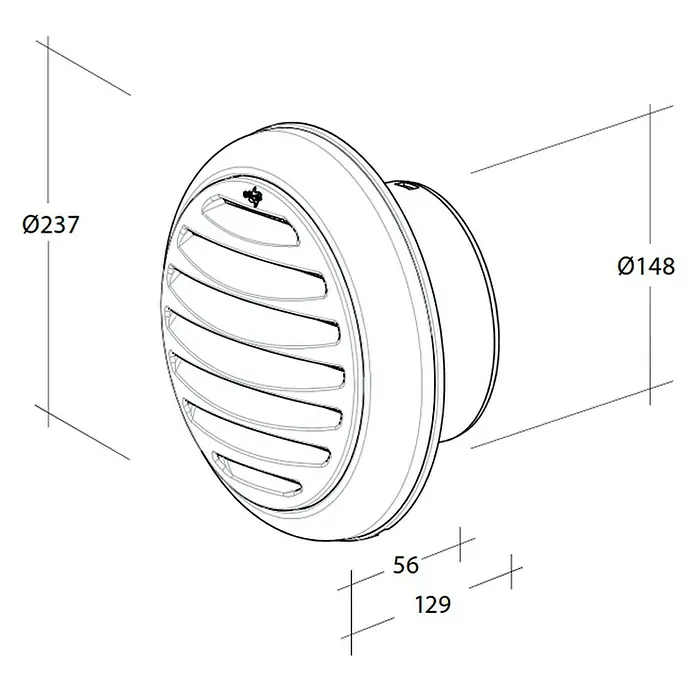 OptimAIRo Außengitter C-150 S - Durchmesser Anschlussstutzen: 150 mm, Magnetische Rückstauklappe, Anthrazit/Bronze - Eine technische Zeichnung eines runden Tellerventils mit den Maßen Ø237, Ø148, 56 und 129.