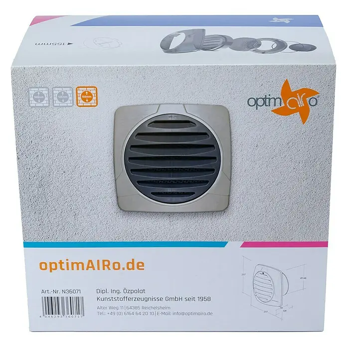 OptimAIRo Außengitter R-150 S - Durchmesser Anschlussstutzen: 150 mm, Magnetische Rückstauklappe, Anthrazit/Bronze - Abbildung einer Verpackung für einen optimAIRo Lüfter, der auf der Vorderseite der Box abgebildet ist.