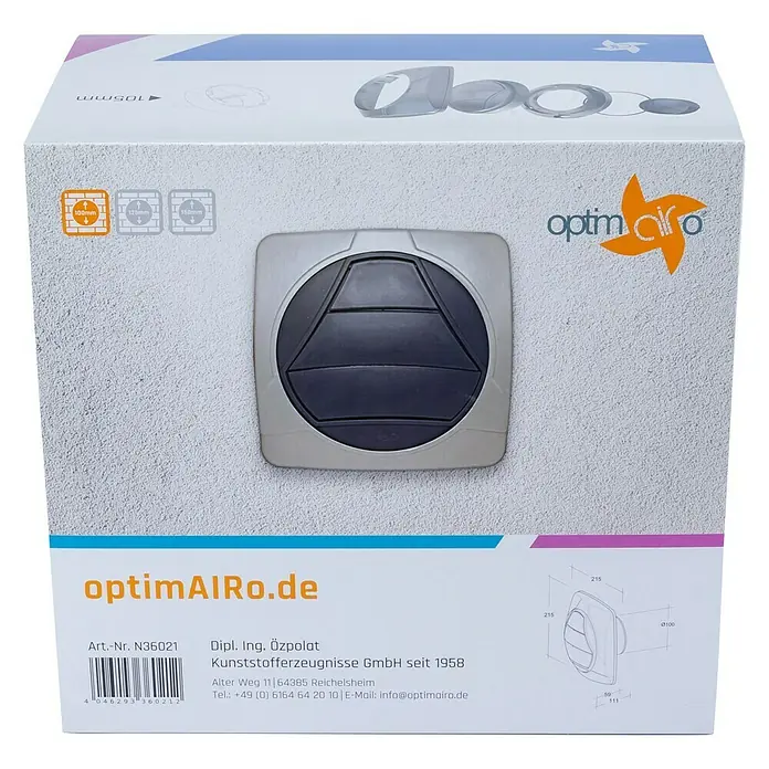 OptimAIRo Jalousieklappe R-100 F - Durchmesser Anschlussstutzen: 100 mm, Magnetische Rückstauklappe, Anthrazit/Bronze - Produktverpackung für einen OptimAIRo Luftauslass. Die Verpackung zeigt das Produkt und technische Zeichnungen.