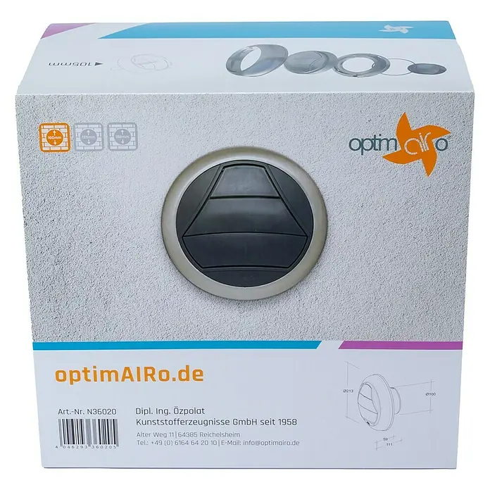 OptimAIRo Jalousieklappe C-100 F - Durchmesser Anschlussstutzen: 100 mm, Magnetische Rückstauklappe, Anthrazit/Bronze - Verpackung eines runden Luftauslasses von OptimAirO mit technischen Details und Produktinformationen.