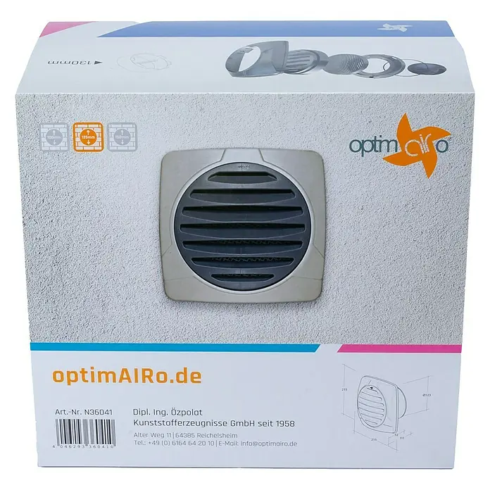 OptimAIRo Außengitter R-125 S - Durchmesser Anschlussstutzen: 125 mm, Magnetische Rückstauklappe, Anthrazit/Bronze - Abbildung einer Verpackung für einen OptimAiro Wandventilator mit Lüftungsgitter.