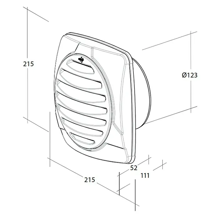 OptimAIRo Außengitter R-125 S - Durchmesser Anschlussstutzen: 125 mm, Magnetische Rückstauklappe, Anthrazit/Bronze - Abbildung eines Abluftventilators mit den Maßen 215 x 215 mm, einem Durchmesser von 123 mm und einer Tiefe von 111 mm.
