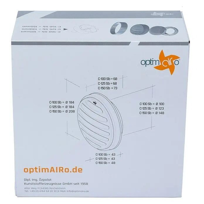 OptimAIRo Außengitter C-100 Sb - Durchmesser Anschlussstutzen: 100 mm, Abnehmbares Fliegennetz, Anthrazit/Bronze - Kartonverpackung eines Optima Aero Produkts mit Größenangaben.