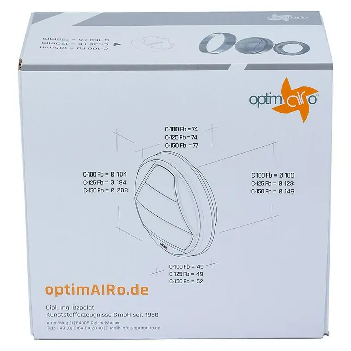 OptimAIRo Jalousieklappe C-100 Fb - Durchmesser Anschlussstutzen: 100 mm, Anthrazit/Bronze - Produktverpackung von optimAIRO mit schematischen Zeichnungen und Maßangaben für verschiedene Lüftungskomponenten.