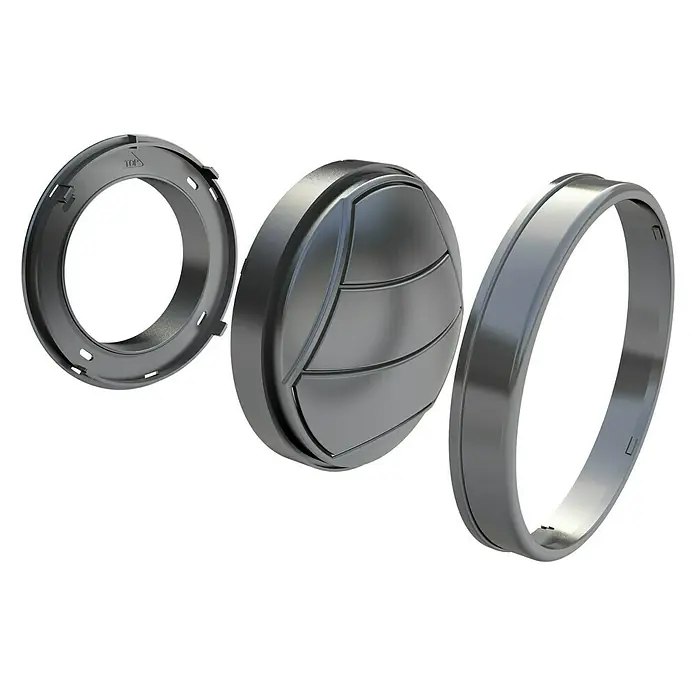 OptimAIRo Jalousieklappe C-100 Fb - Durchmesser Anschlussstutzen: 100 mm, Anthrazit/Bronze - Dreiteiliges Produkt, bestehend aus einem Ring, einem volleyballförmigen Knopf und einem weiteren Ring, alles in Silber dargestellt.