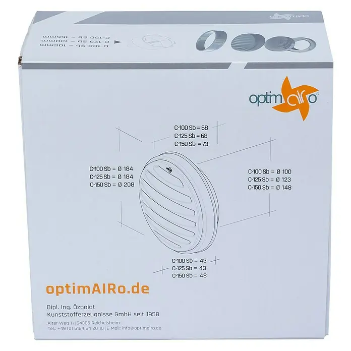 OptimAIRo Außengitter C-125 Sb - Durchmesser Anschlussstutzen: 125 mm, Abnehmbares Fliegennetz, Anthrazit/Bronze - Produktverpackung von OptimAir: Lüftungstechnik mit technischer Zeichnung und Produktinformationen.