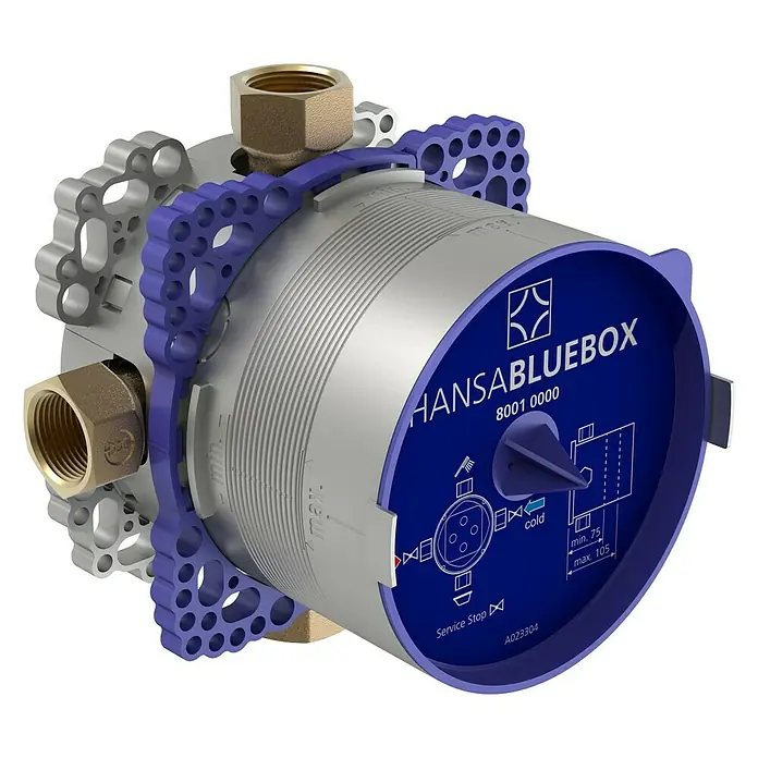 Hansa Unterputzsystem Bluebox 8001 - Einbautiefe: 75 mm - 105 mm - HANSA Bluebox Unterputzkörper mit einer blauen Abdeckung, auf der technische Details und der Markenname aufgedruckt sind.