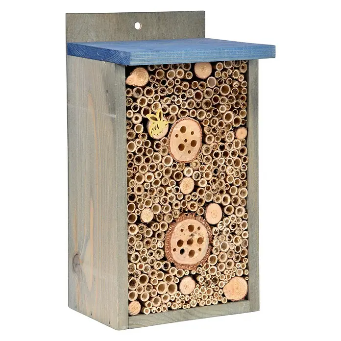 Dobar Insektenhotel - 17 x 15 x 32 cm, Holz - Das Insektenhotel bietet Nisthilfe für Wildbienen. Es ist mit Holzscheiben und Bambusröhren gefüllt und mit einer gelben Biene verziert.