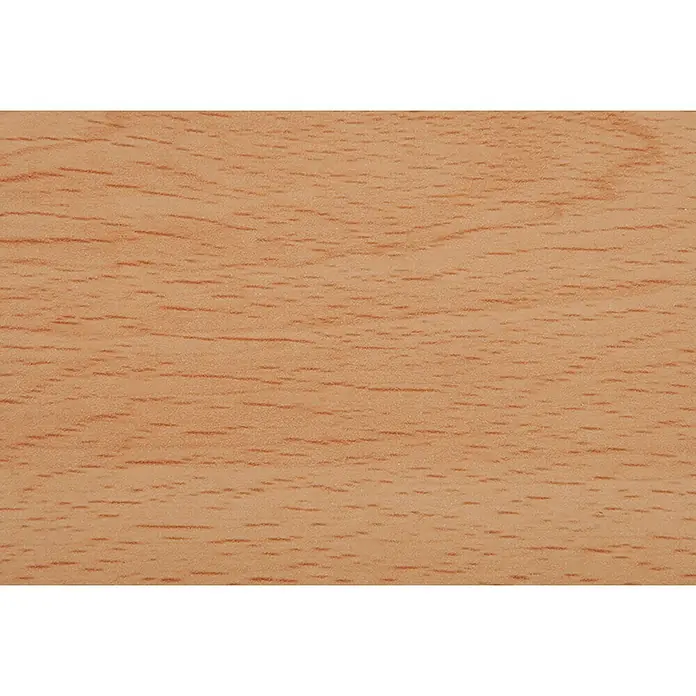 Maderas Daganzo Canto de PVC 0,4 mm - 200 m x 22 mm x 4 mm, Haya - Primer plano de una cálida superficie de madera marrón claro con una veta fina, ideal para muebles o decoraciones.