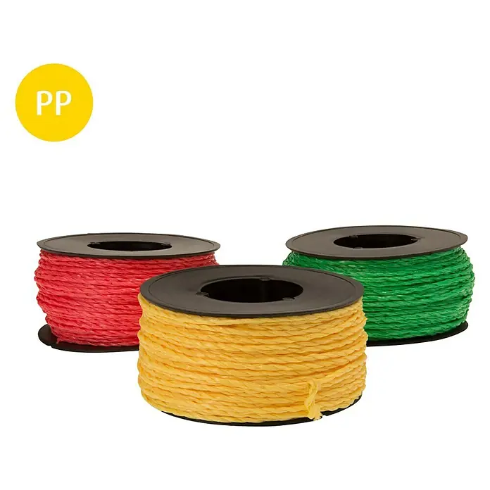 Stabilit Ovillo de cordel - Ø x L: 1,3 mm x 40 m, Blanco - Tres carretes de hilo PP en rojo, amarillo y verde con bobina negra. Ideal para jardín, manualidades o embalaje.