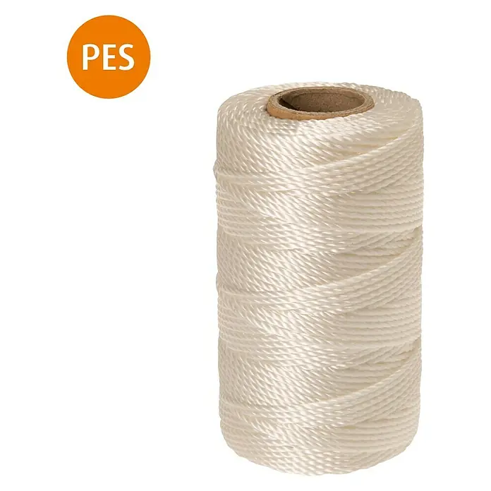 Stabilit Vielzweckschnur - Ø x L: 1,5 mm x 100 m, Weiß, Polyester - Ein Detailaufnahme einer Rolle aus weißem Polyesterfaden, perfekt für Bastelprojekte und handwerkliche Anwendungen.