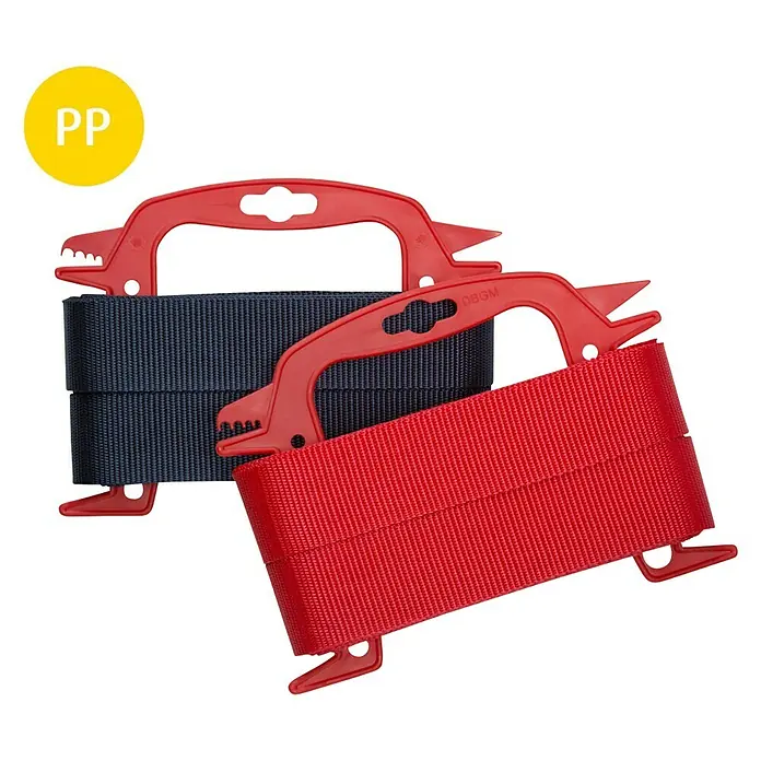 Stabilit Cinta de lona - Plástico, Rojo/Azul, Carga soportada: 125 kg - Dos rollos de cinta con asas de transporte rojas. Ideal para organizar y transportar correas, cintas y otros materiales.