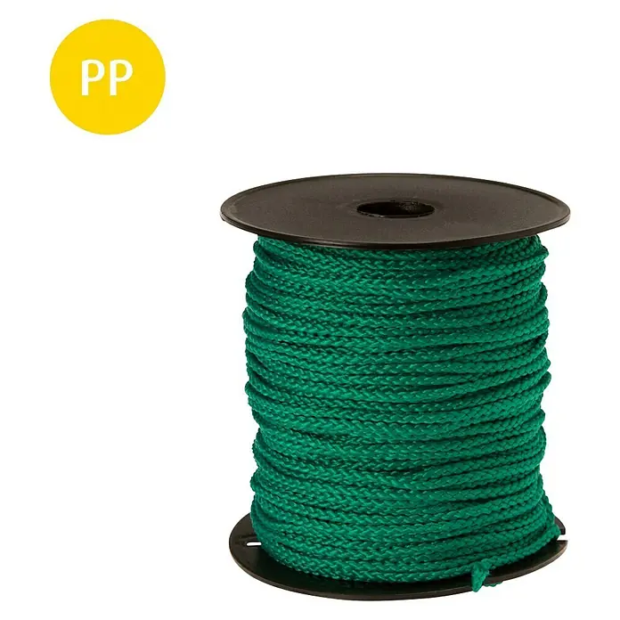 Stabilit Maurerschnur - Ø x L: 2 mm x 50 m, Grün - Eine Spule mit grüner Polypropylen-Kordel, die sich ideal für verschiedene Bastel- und DIY-Projekte eignet.