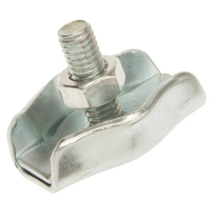 Conacord Simplex-Klemme - Für Seildurchmesser: 6 mm, Stahl - Nahaufnahme einer verzinkten Drahtseilklemme mit Schraube und Mutter, die für sichere Verbindungen sorgt.