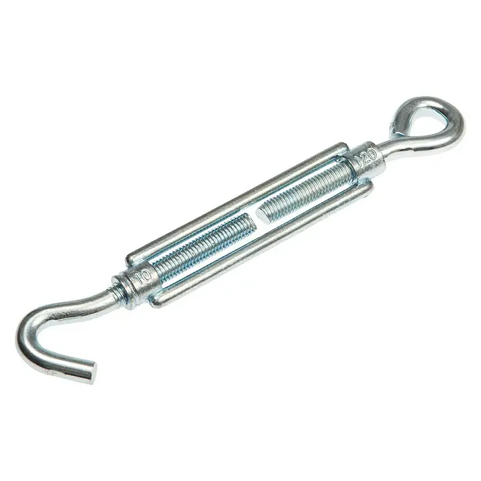 Conacord Spannschloss - Für Seildurchmesser: 6 mm, Länge: 100 mm - Eine silberfarbene Spannschraube mit Haken- und Ösenenden zur Spannung von Seilen oder Drähten. Das Werkzeug ist ideal für verschiedene Befestigungsaufgaben.