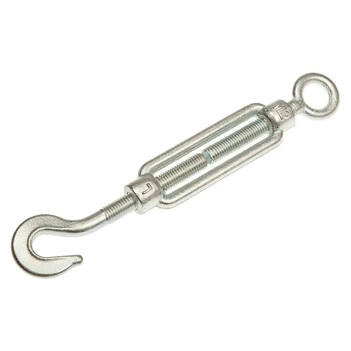 Conacord Spannschloss - Für Seildurchmesser: 12 mm, Länge: 120 mm - Eine silberfarbene Spannschraube mit einem Haken an einem Ende und einem Auge am anderen Ende, isoliert auf Weiß.