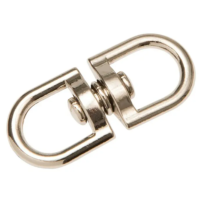 Conacord Wirbelschäkel - Stahl, Durchmesser: 5 mm, Für Seildurchmesser: 16 mm - Nahaufnahme eines glänzenden, silberfarbenen Karabinerwirbels aus Metall, der für Taschen, Rucksäcke und andere Accessoires verwendet wird.
