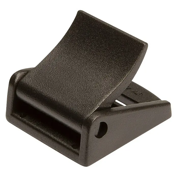 Conacord Hebilla de palanca - Específico para: Correas de 25 mm, Plástico, Negro - Primer plano de una hebilla de leva rectangular negra texturizada, mostrando su diseño duradero y fiable para diversas aplicaciones.