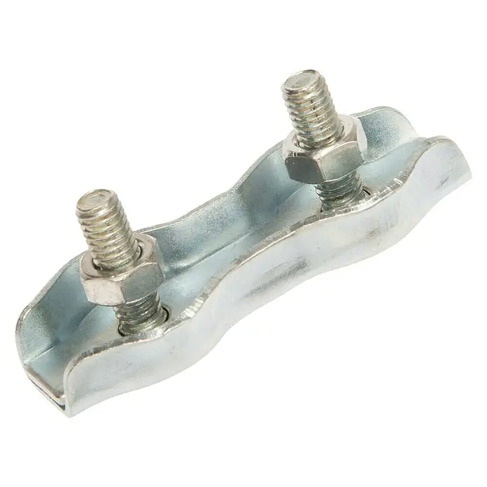 Conacord Duplex-Klemme - Für Seildurchmesser: 8 mm, Stahl - Nahaufnahme einer Drahtseilklemme aus Metall mit zwei Schrauben, ideal für sichere Verbindungen und industrielle Anwendungen.