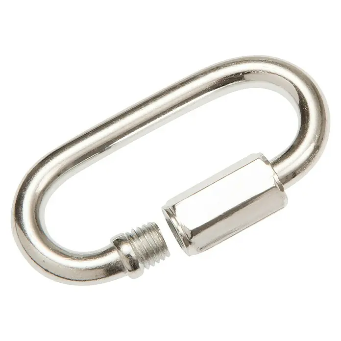 Ketten-Schnellverschluss - Ø x L: 10 x 90 mm, Stahl - Ein silberner Karabiner mit Schraubverschluss, ideal für vielfältige Anwendungen im Alltag und Outdoor-Bereich. Sehr stabil und zuverlässig.