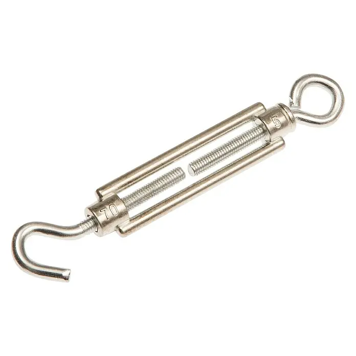 Conacord Spannschloss - Für Seildurchmesser: 5 mm, Länge: 50 mm - Nahaufnahme eines Spannschlosses mit Haken- und Ösenende, ideal zum Spannen von Seilen und Kabeln im Bau- und Schiffsbereich.