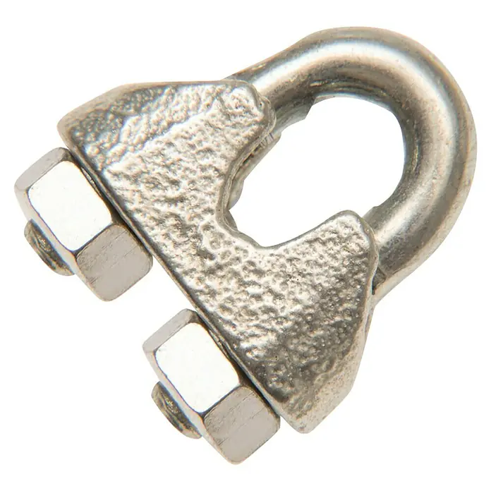 Conacord Seilklemme - Für Seildurchmesser: 4 mm, Stahl - Nahaufnahme einer Drahtseilklemme aus Metall mit Schrauben.