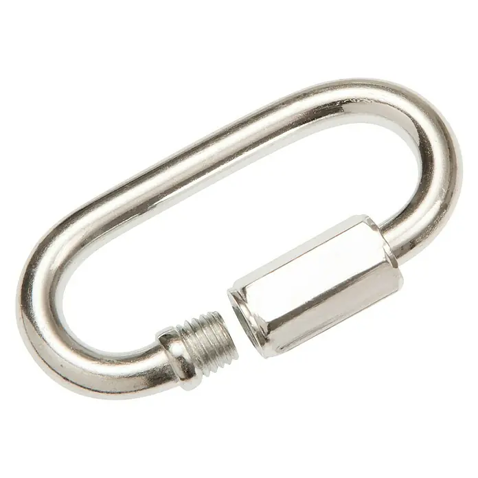 Ketten-Schnellverschluss - Ø x L: 6 x 45 mm, Stahl - Nahaufnahme eines silberfarbenen Kettenglieds mit Schraubverschluss, das für verschiedene Verbindungsanwendungen geeignet ist.