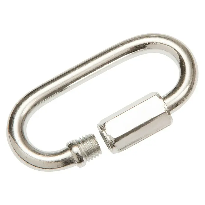 Ketten-Schnellverschluss - Ø x L: 8 x 58 mm, Stahl - Ein silberner Karabinerhaken mit Schraubverschluss, ideal für verschiedene Befestigungs- und Sicherungsanwendungen, robust und zuverlässig.