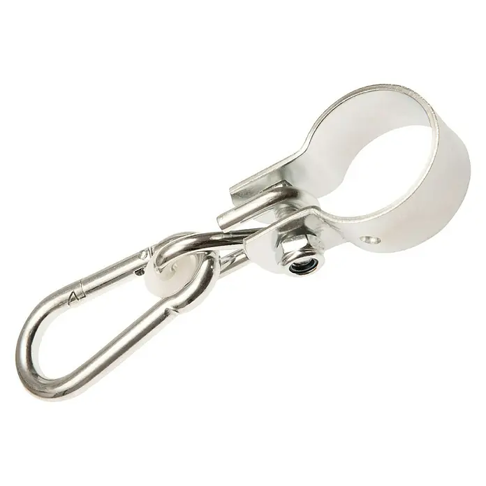 Conacord Gancho de anclaje - Diámetro del tubo: 100 milímetros (mm), Acero, Plateado - Abrazadera metálica con mosquetón. Ideal para suspender de forma segura diversos objetos en interiores y exteriores.