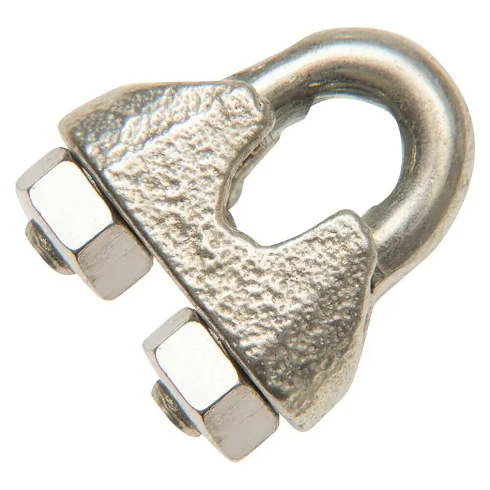 Conacord Seilklemme - Für Seildurchmesser: 6,5 mm, Stahl - Nahaufnahme einer Drahtseilklemme aus Metall mit Schrauben, die zur Befestigung und Sicherung von Drahtseilen verwendet wird.