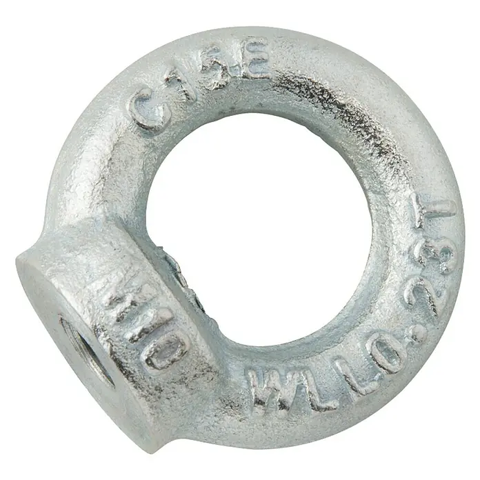 Conacord Tuerca con anilla hembra - Ø x L: 8 x 36 mm, Acero, M 8 - Primer plano de un cáncamo galvanizado con marcas, que muestra su aspecto robusto e industrial.