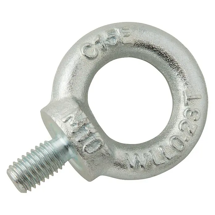 Conacord Cáncamo macho - M 10, Diámetro: 10 mm, Zincado - Primer plano de un perno de ojo M10 galvanizado con rosca y las impresiones C15E y WLL 0.28T.
