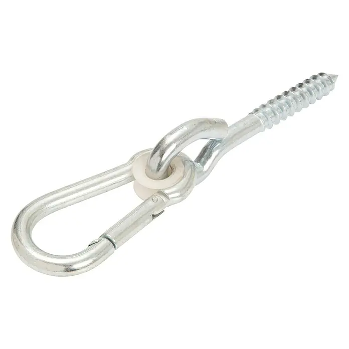 Conacord Gancho de anclaje 534655 - Acero - Un gancho de rosca plateado con mosquetón y anillo de plástico, ideal para colgar sillas colgantes o columpios. Diseño robusto para una fijación segura.