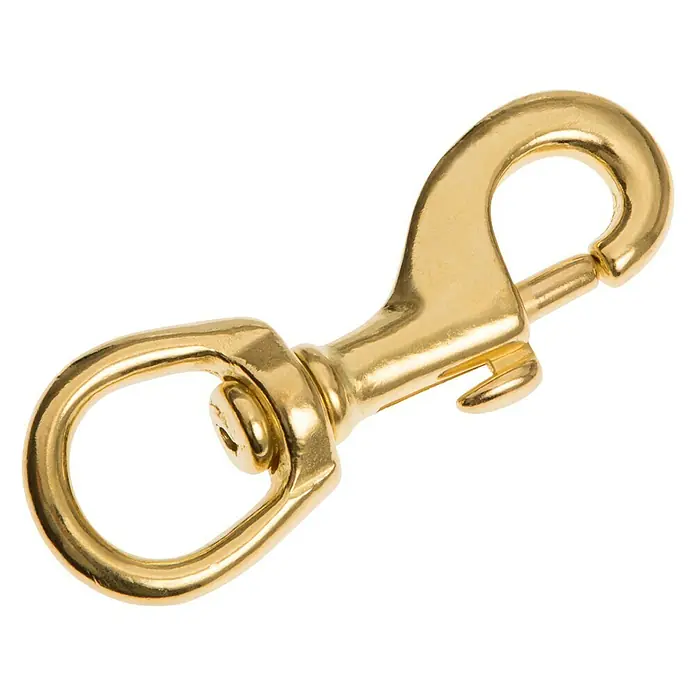Conacord Schnapphaken - Länge: 85 mm, Vermessingt, Für Seildurchmesser: 10 mm - 12 mm - Nahaufnahme eines goldenen Karabinerhakens, ideal für vielfältige Befestigungen und Verbindungen im täglichen Gebrauch.