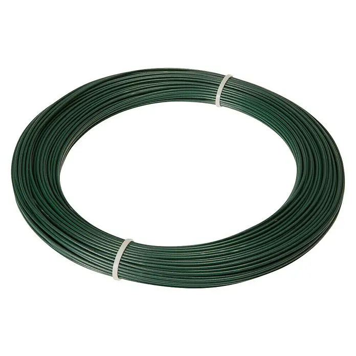 Draht - Durchmesser: 1,4 mm, Länge: 5.000 cm, Metall, Grün - Draufsicht auf eine Spule mit beschichtetem Draht, gesichert mit Kabelbindern, ideal für Gartenarbeiten und Bastelprojekte.