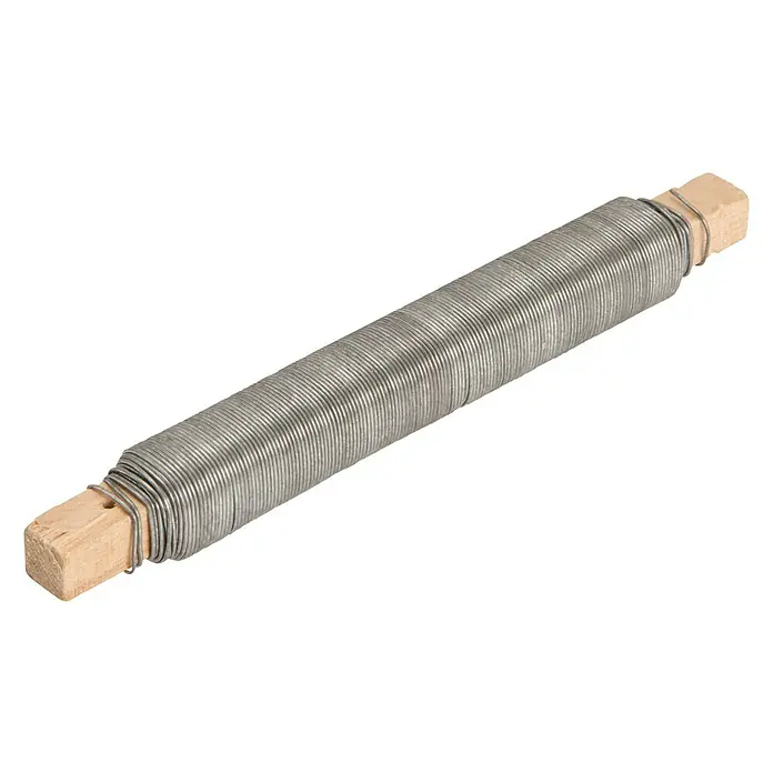 DrahtDurchmesser: 0,65 mm, Länge: 4.000 cm, Verzinkt, Metall - Eine Rolle Bindedraht auf einem Holzstab, ideal zum sicheren Befestigen von Pflanzen im Garten oder für Bastelarbeiten.