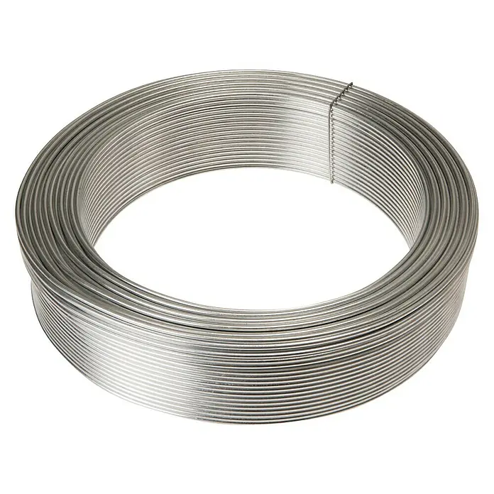 Draht - Durchmesser: 1,8 mm, Länge: 15.000 cm, Verzinkt, Metall - Ein Ring aus glänzendem Aluminiumdraht, sauber aufgewickelt und bereit für verschiedene Anwendungen.