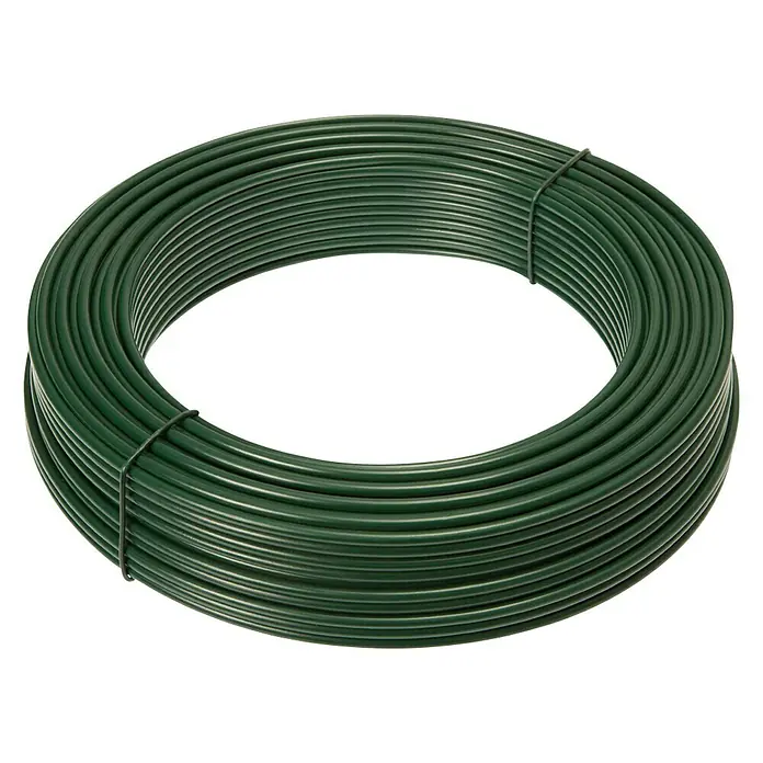 Draht - Durchmesser: 3,8 mm, Länge: 5.500 m, Metall, Grün - Ein Ring aus dunkelgrünem, kunststoffbeschichtetem Bindedraht, der für den Einsatz im Garten gebunden ist, auf einem hellen Hintergrund.