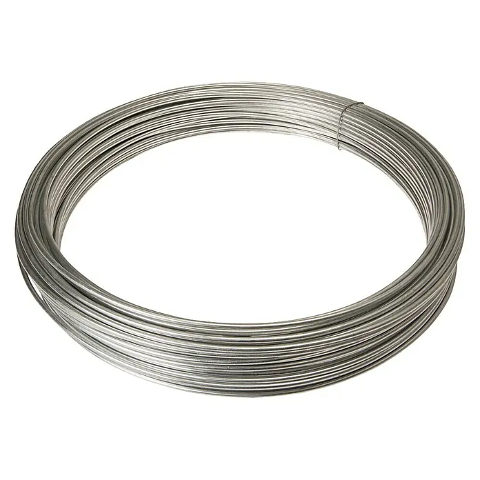 Draht - Durchmesser: 3,8 mm, Länge: 5.000 cm, Verzinkt, Metall - Eine Rolle silberner Metalldraht, sauber aufgewickelt und bereit für verschiedene Anwendungen in Handwerk und Industrie.
