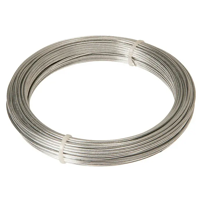Draht - Durchmesser: 1,4 mm, Länge: 2.000 cm, Verzinkt, Metall - Aufgerolltes, glänzendes, silberfarbenes Aluminiumdraht-Set, zusammengehalten durch zwei weiße Kabelbinder. Ideal für Bastelarbeiten und DIY-Projekte.