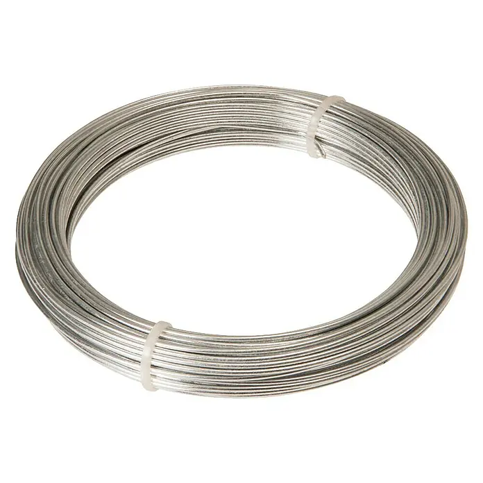 Draht - Durchmesser: 2 mm, Länge: 2.000 cm, Verzinkt, Metall - Ein Ring aus verzinktem Draht, gebunden mit Kabelbindern, ideal für Bastelarbeiten und verschiedene Anwendungen im Haushalt.