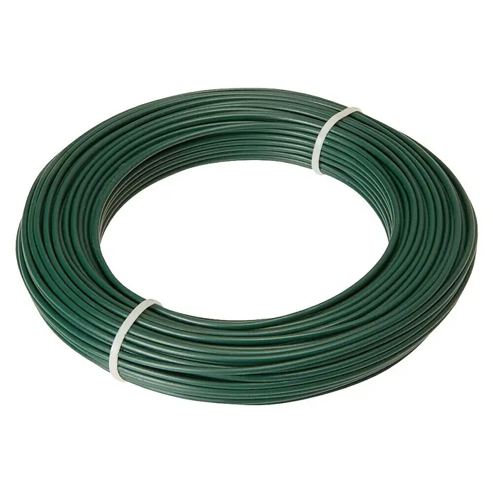 Draht - Durchmesser: 2 mm, Länge: 2.500 cm, Metall, Grün - Ring aus grünem Gartendraht mit weißen Kabelbindern, ideal für Gartenprojekte und Pflanzenstützen.