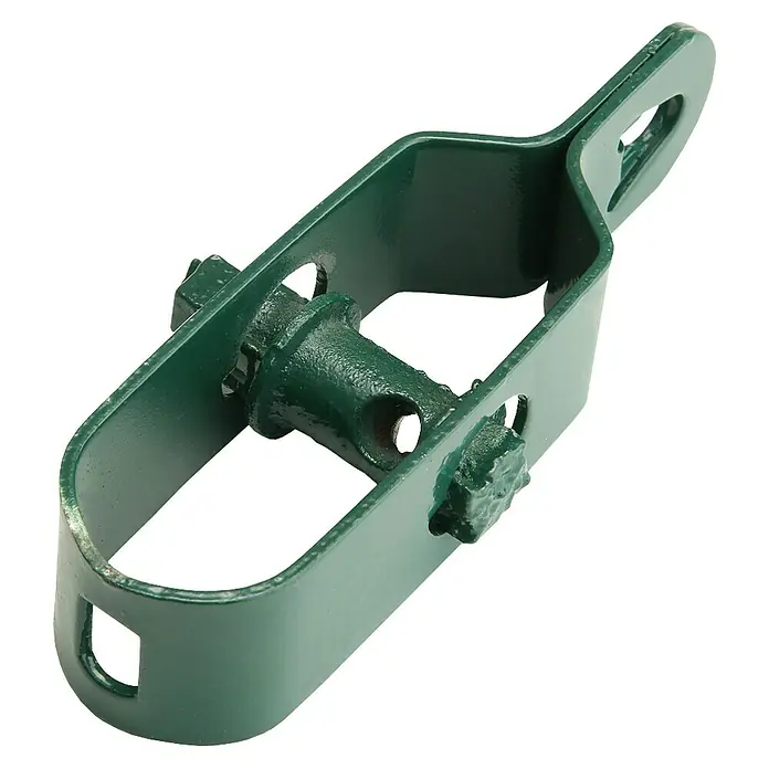 Conacord Drahtspanner - Länge: 100 mm, Grün - Nahaufnahme eines grünen Drahtspanners für Zäune, der die robuste Konstruktion und das einfache Spannsystem hervorhebt.