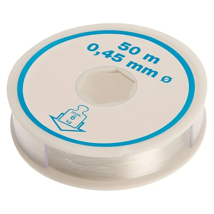 Basteldraht - Transparent, Ø x L: 0,45 mm x 50 m, Polyamid - Spule mit transparenter Angelschnur. Die Schnur ist 50 m lang und hat einen Durchmesser von 0,45 mm. Maximale Traglast: 6 kg.